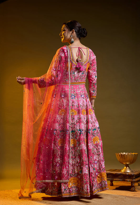 Dark Pink Anarkali with Zardozi, Sippy, Sequin, and Mirror Work