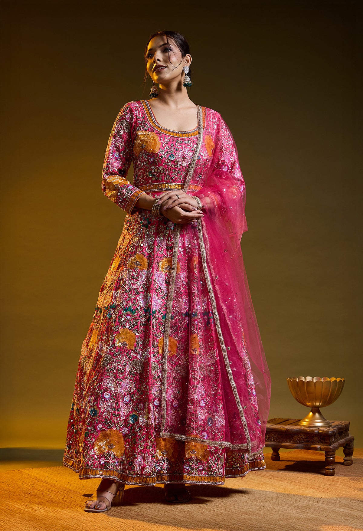 Dark Pink Anarkali with Zardozi, Sippy, Sequin, and Mirror Work