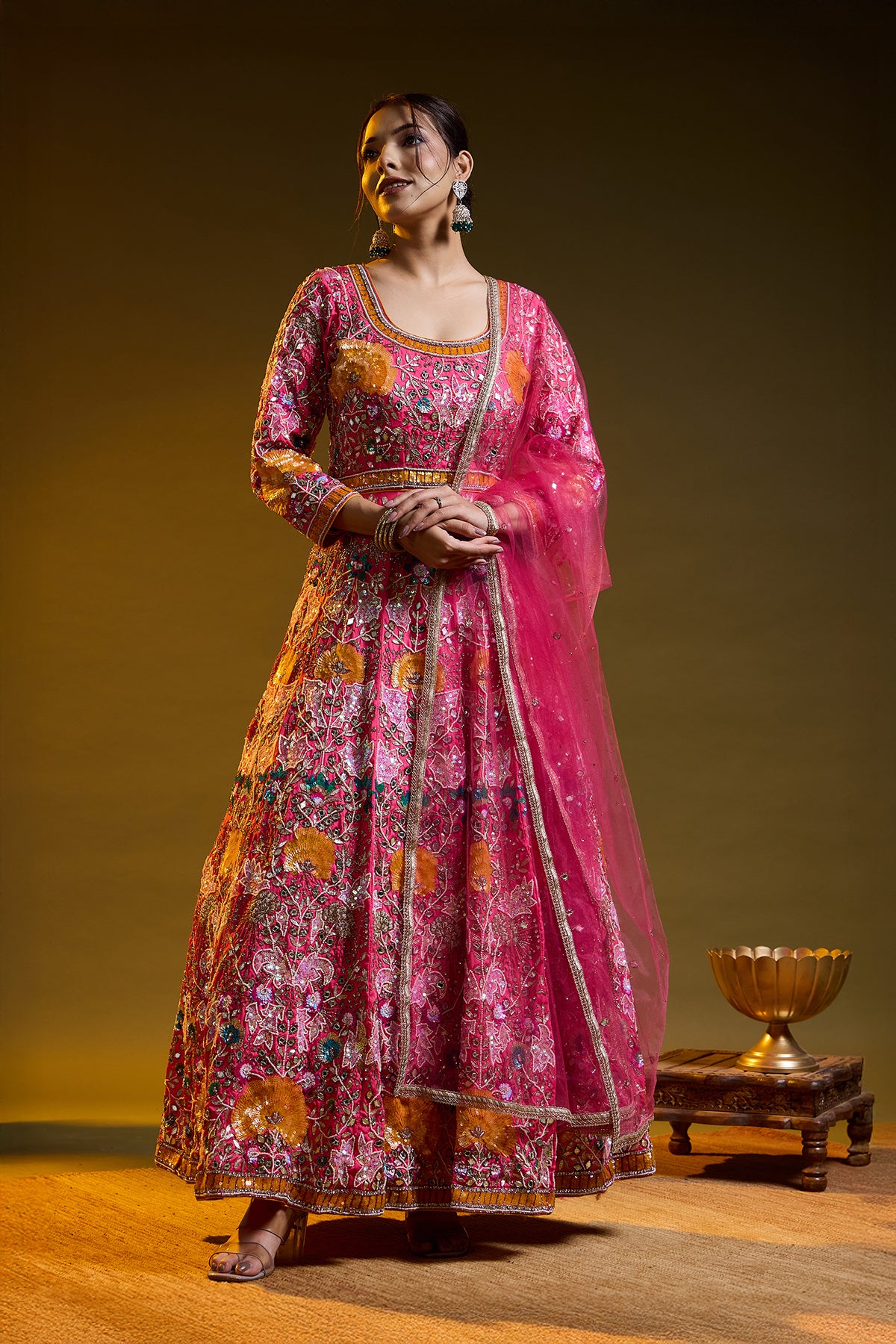 Dark Pink Anarkali with Zardozi, Sippy, Sequin, and Mirror Work