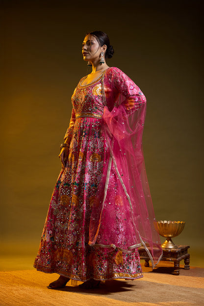 Dark Pink Anarkali with Zardozi, Sippy, Sequin, and Mirror Work