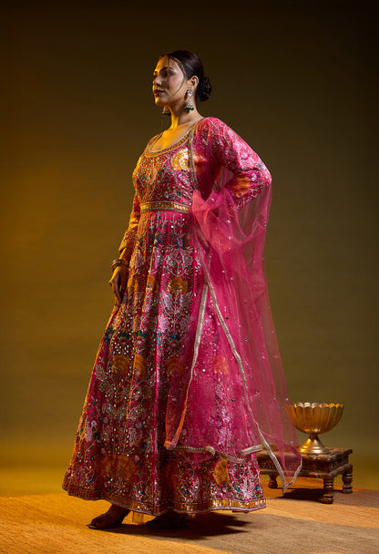 Dark Pink Anarkali with Zardozi, Sippy, Sequin, and Mirror Work