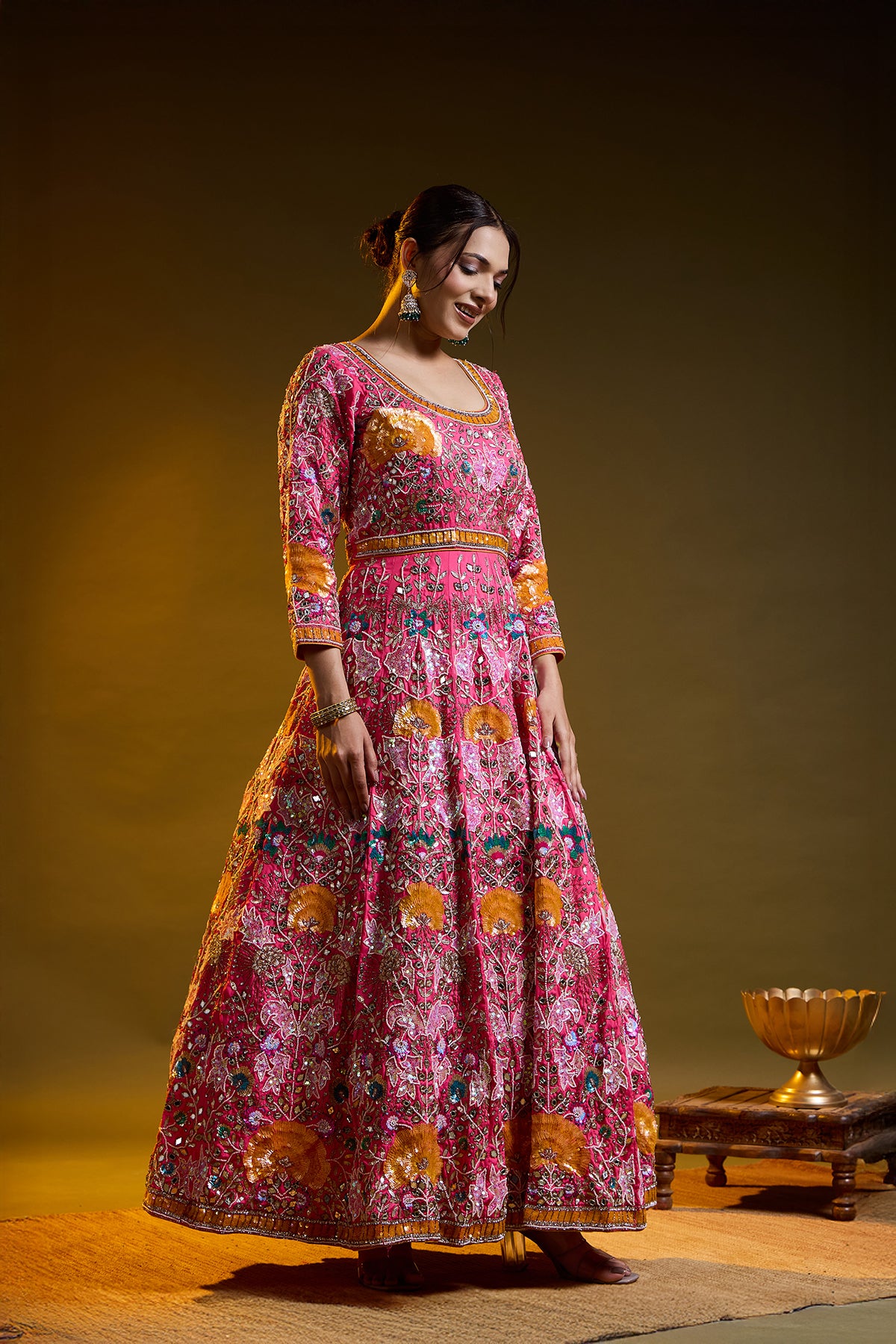 Dark Pink Anarkali with Zardozi, Sippy, Sequin, and Mirror Work