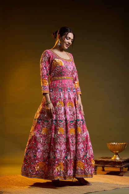 Dark Pink Anarkali with Zardozi, Sippy, Sequin, and Mirror Work