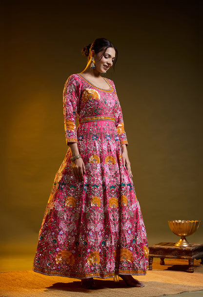 Dark Pink Anarkali with Zardozi, Sippy, Sequin, and Mirror Work