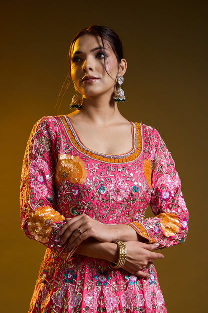 Dark Pink Anarkali with Zardozi, Sippy, Sequin, and Mirror Work