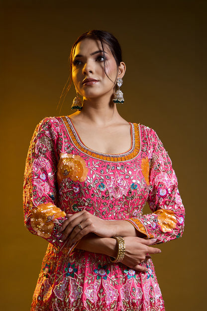 Dark Pink Anarkali with Zardozi, Sippy, Sequin, and Mirror Work