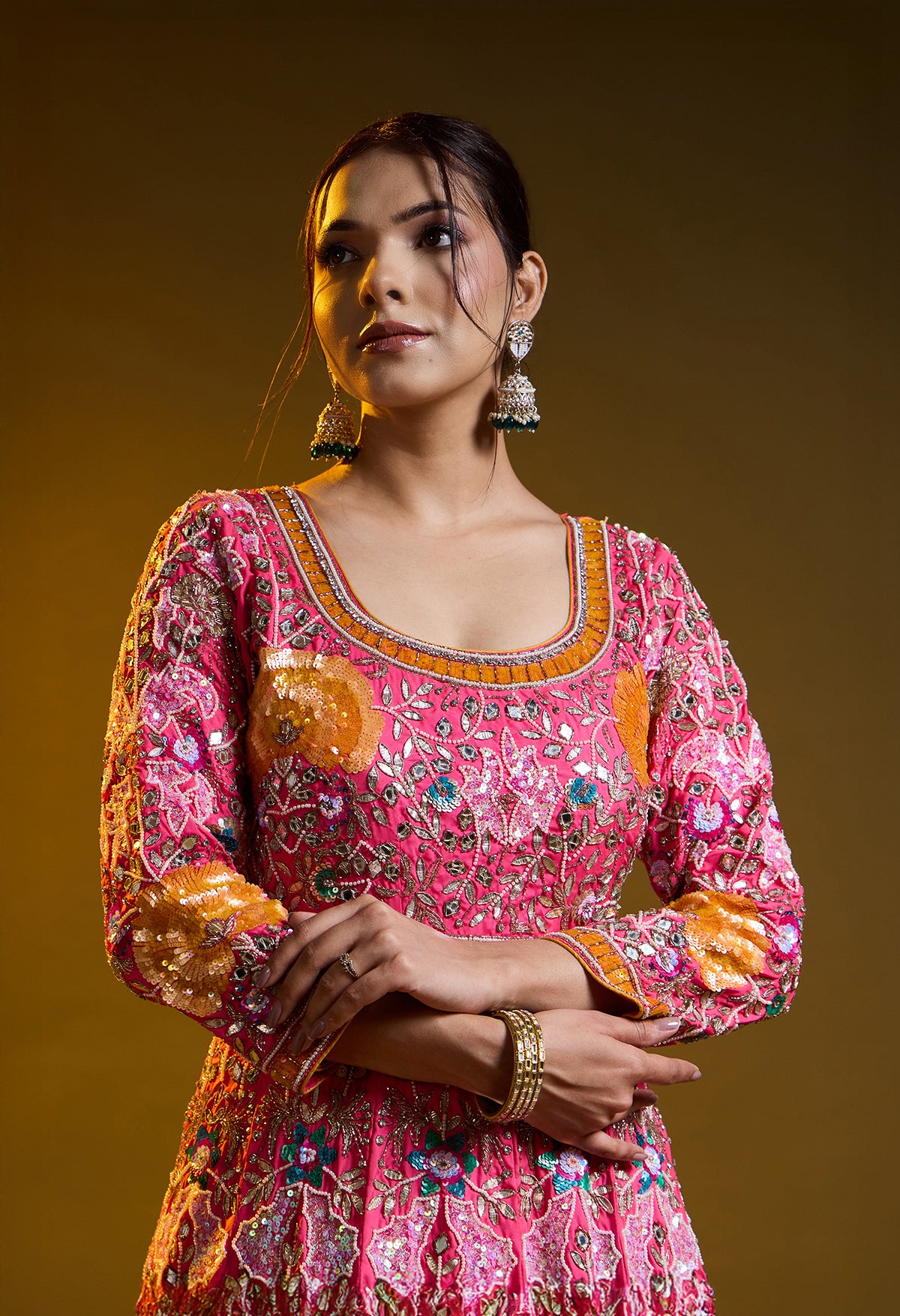 Dark Pink Anarkali with Zardozi, Sippy, Sequin, and Mirror Work