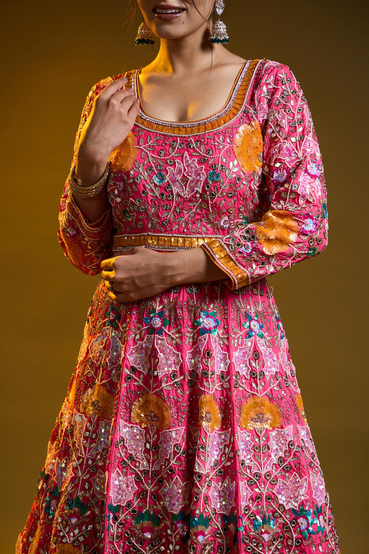 Dark Pink Anarkali with Zardozi, Sippy, Sequin, and Mirror Work