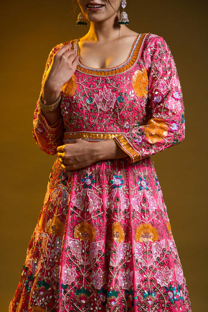 Dark Pink Anarkali with Zardozi, Sippy, Sequin, and Mirror Work