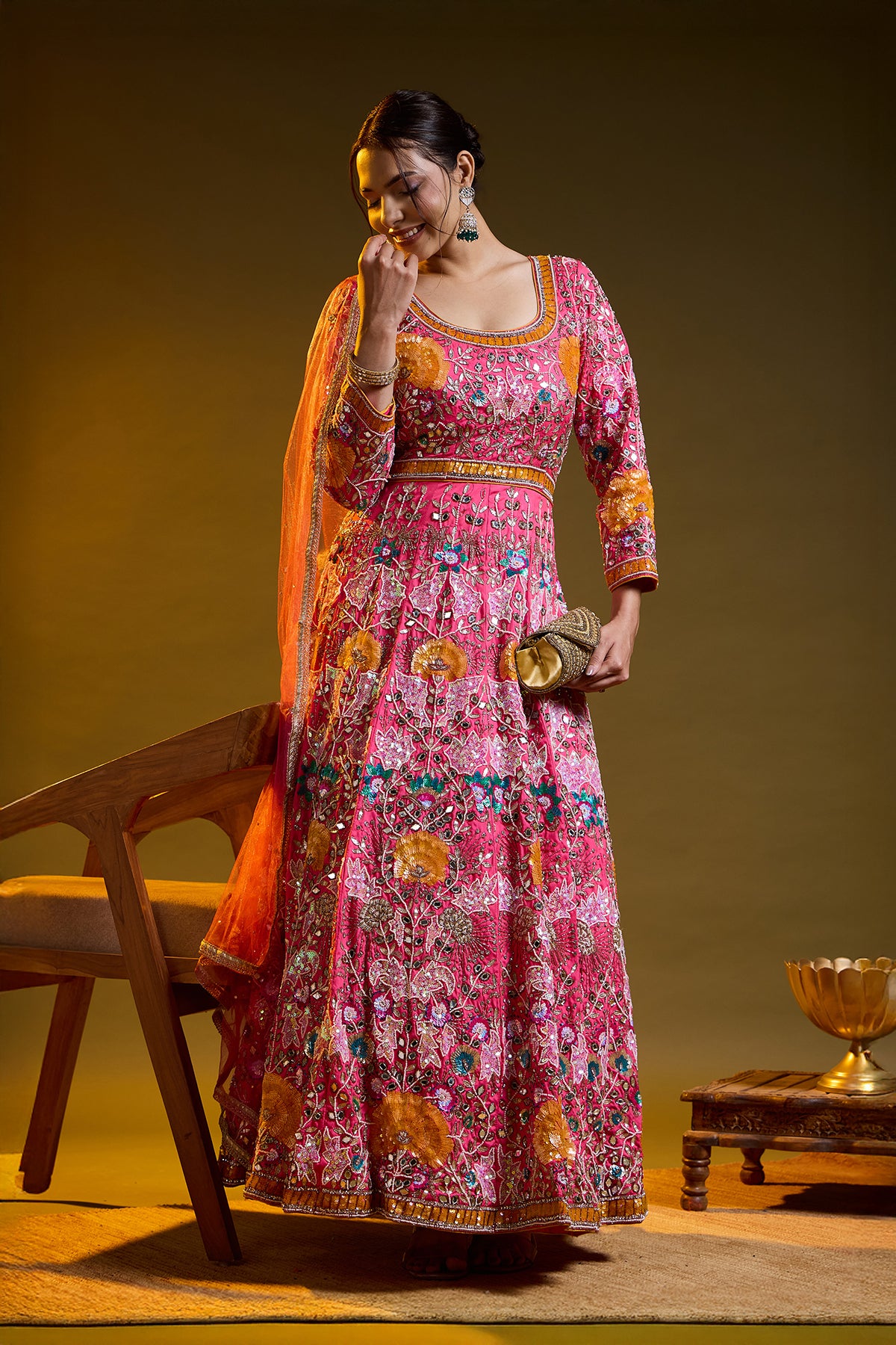 Dark Pink Anarkali with Zardozi, Sippy, Sequin, and Mirror Work
