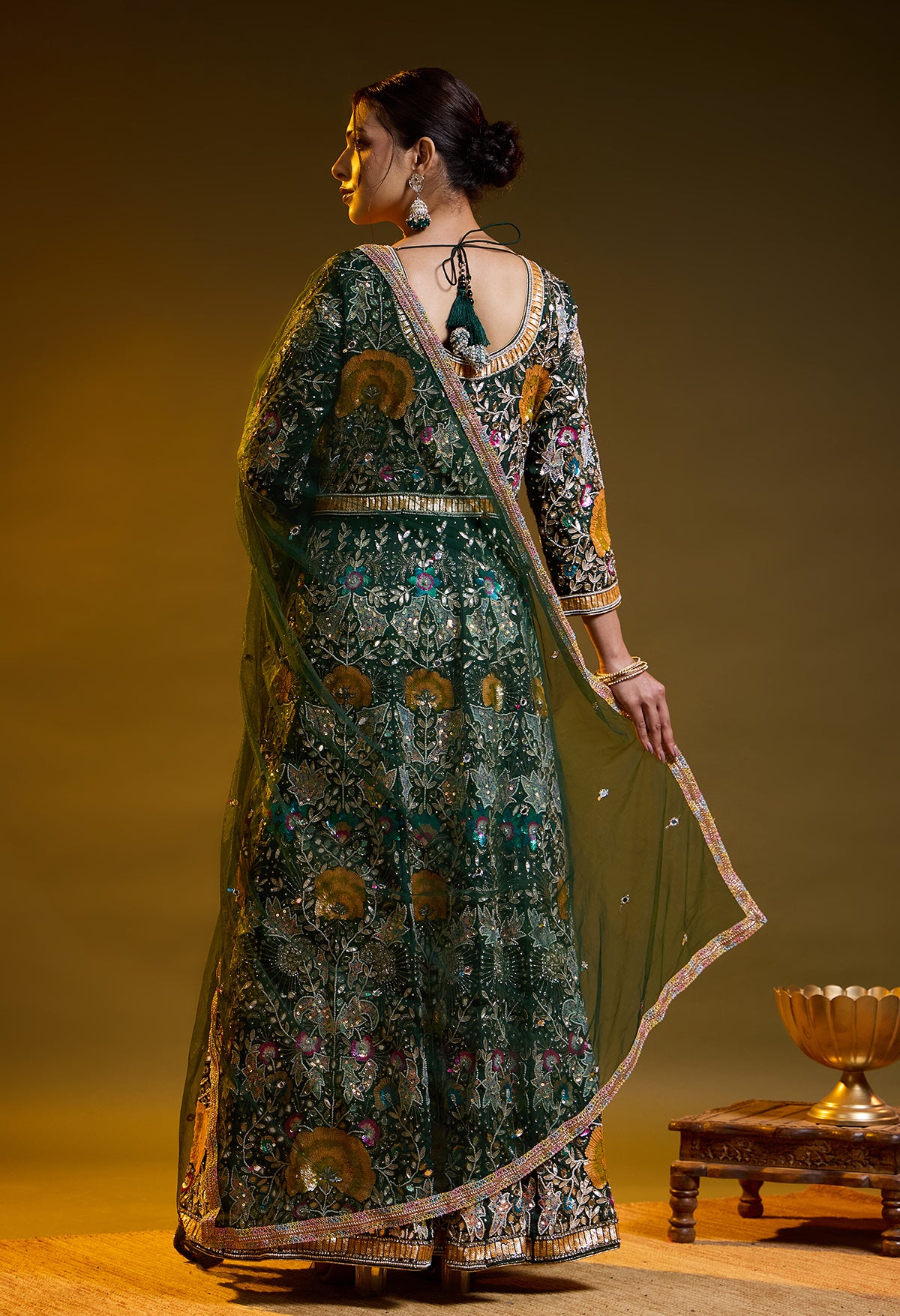 Bottle Green Anarkali with Zardozi, Sippy, Sequin, and Mirror Work