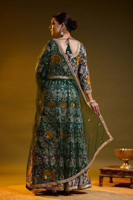 Bottle Green Anarkali with Zardozi, Sippy, Sequin, and Mirror Work