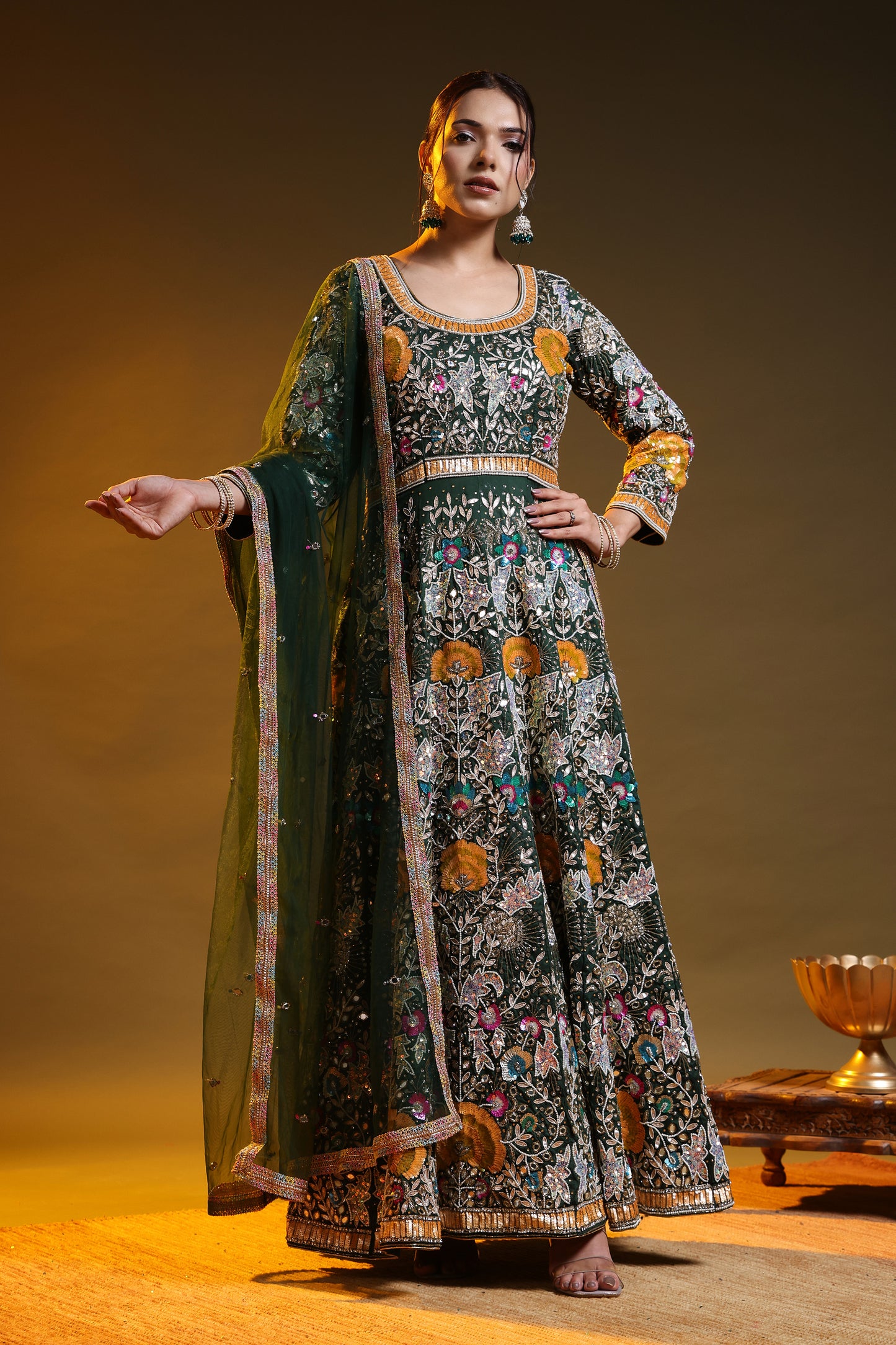 Bottle Green Anarkali with Zardozi, Sippy, Sequin, and Mirror Work