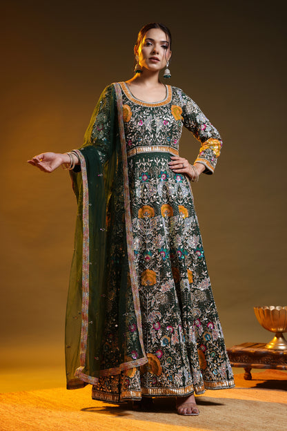 Bottle Green Anarkali with Zardozi, Sippy, Sequin, and Mirror Work