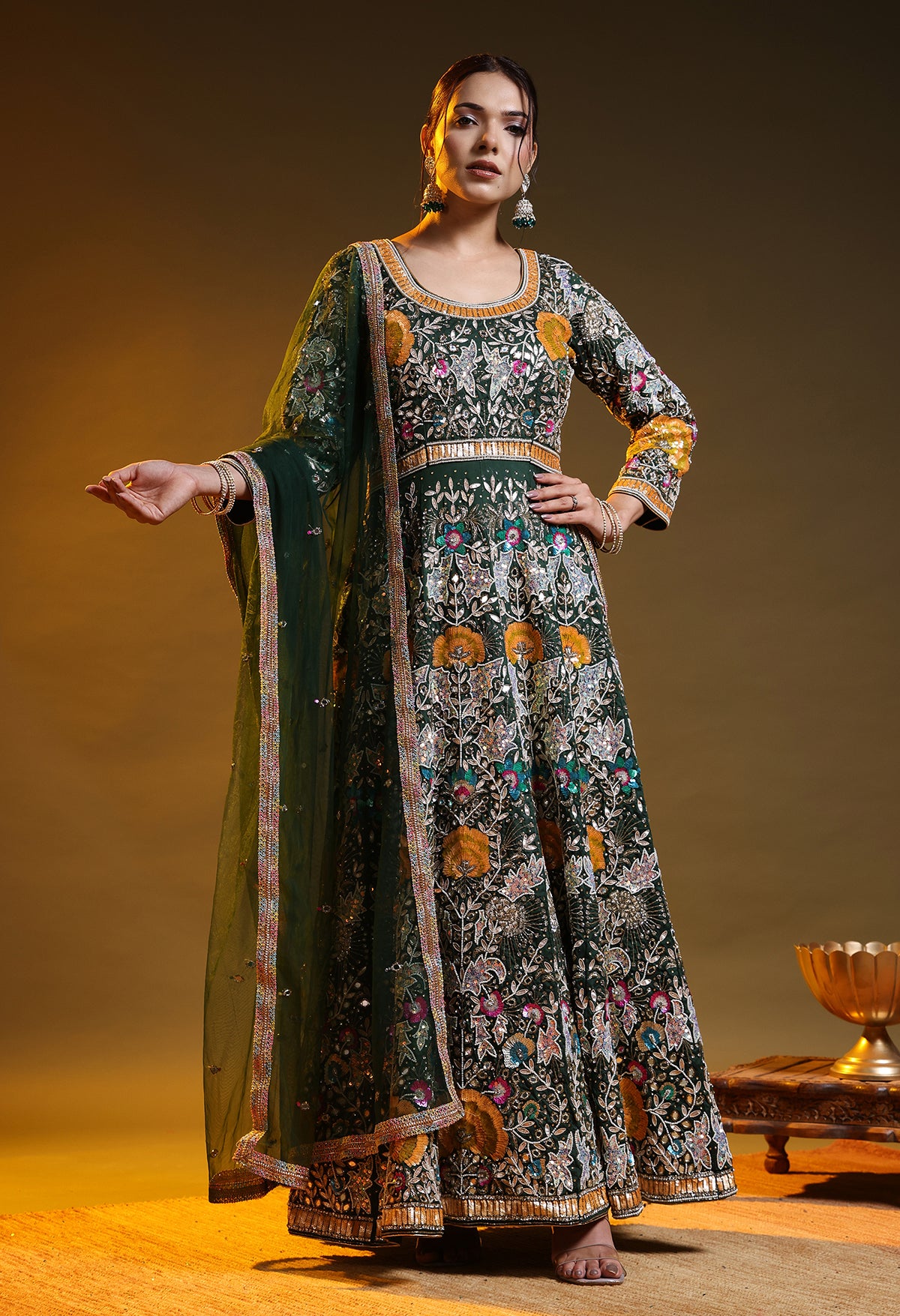Bottle Green Anarkali with Zardozi, Sippy, Sequin, and Mirror Work