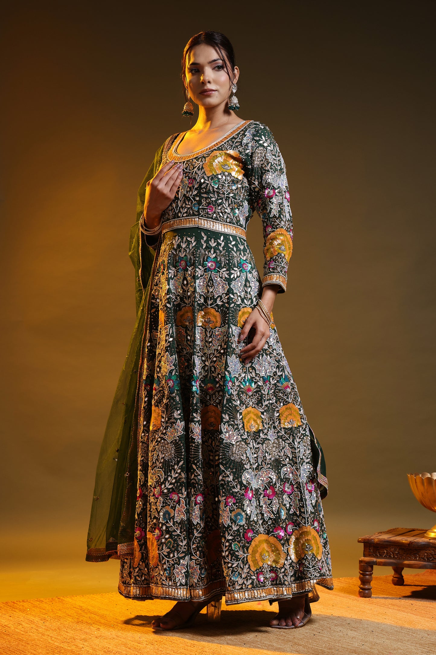 Bottle Green Anarkali with Zardozi, Sippy, Sequin, and Mirror Work