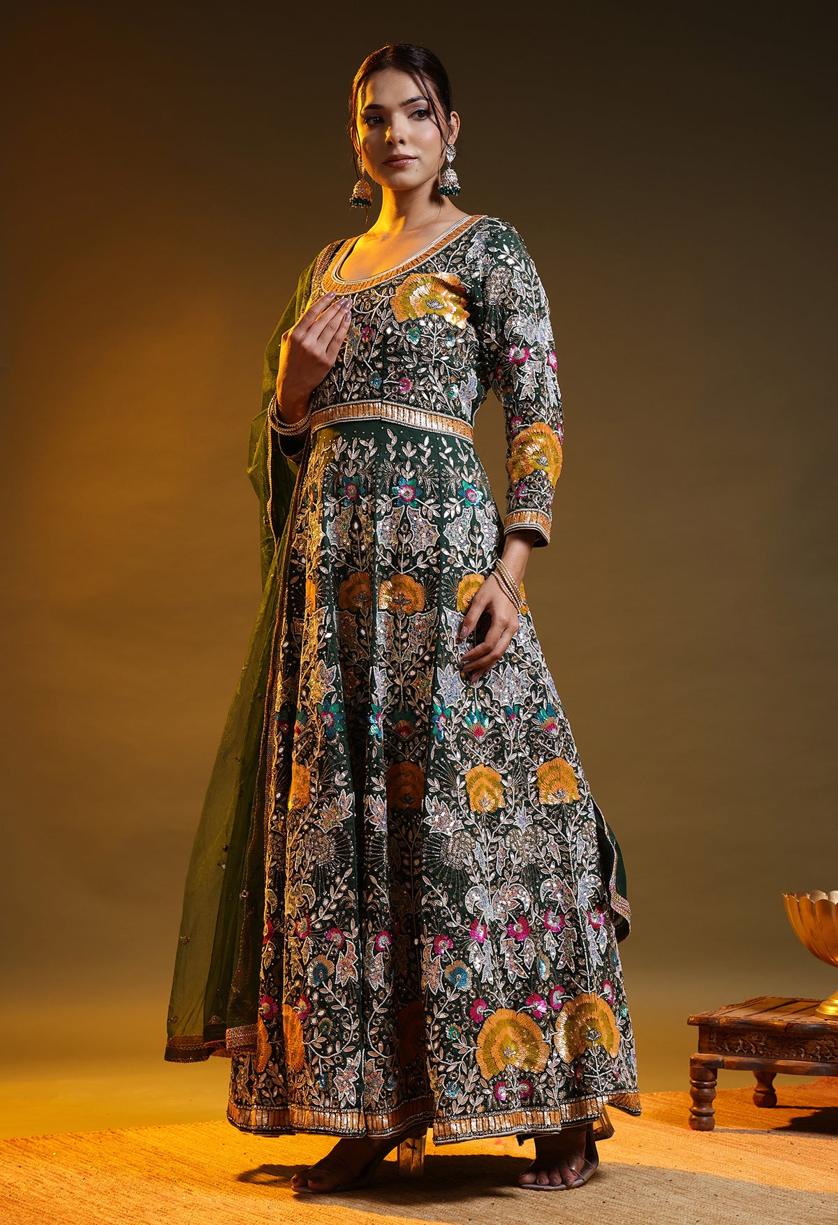 Bottle Green Anarkali with Zardozi, Sippy, Sequin, and Mirror Work