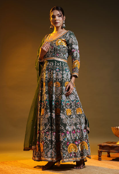 Bottle Green Anarkali with Zardozi, Sippy, Sequin, and Mirror Work
