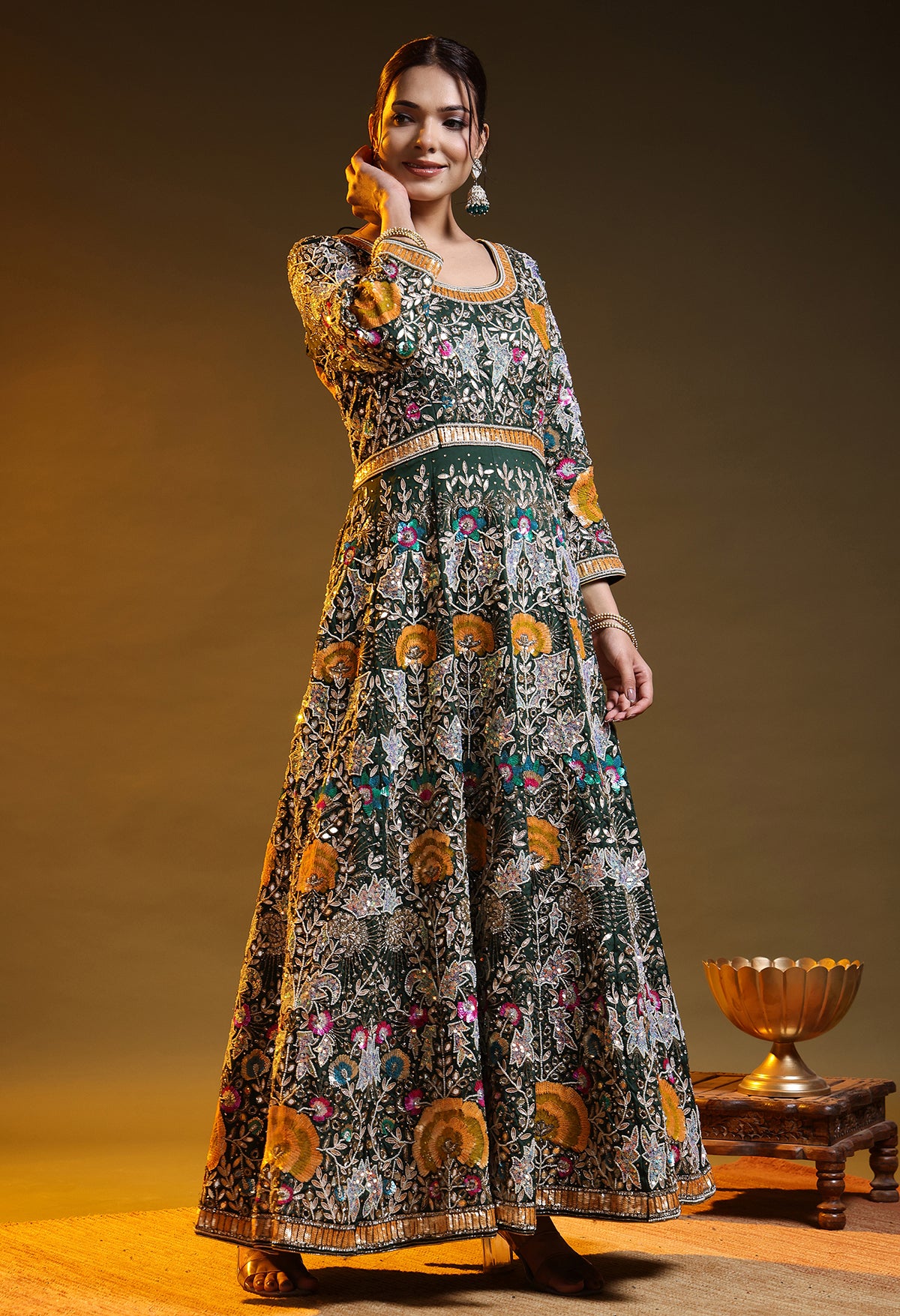 Bottle Green Anarkali with Zardozi, Sippy, Sequin, and Mirror Work