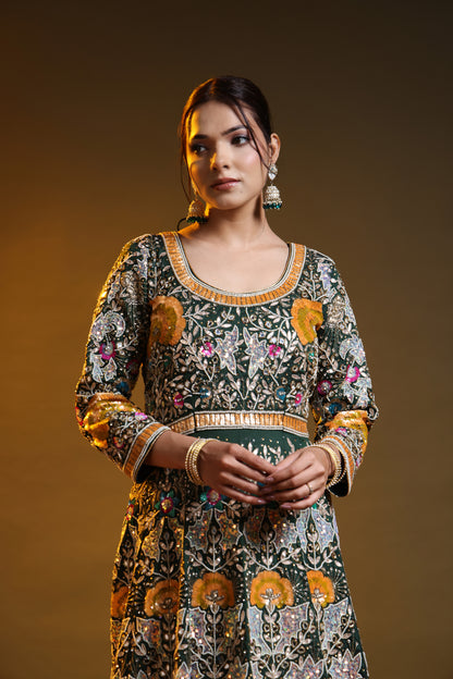 Bottle Green Anarkali with Zardozi, Sippy, Sequin, and Mirror Work