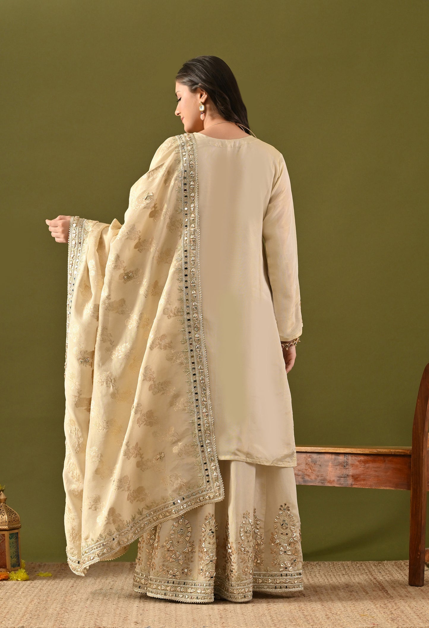 Golden Cream Tissue Silk Gotta–Mirror–Zardozi Sharara Set