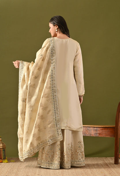 Golden Cream Tissue Silk Gotta–Mirror–Zardozi Sharara Set