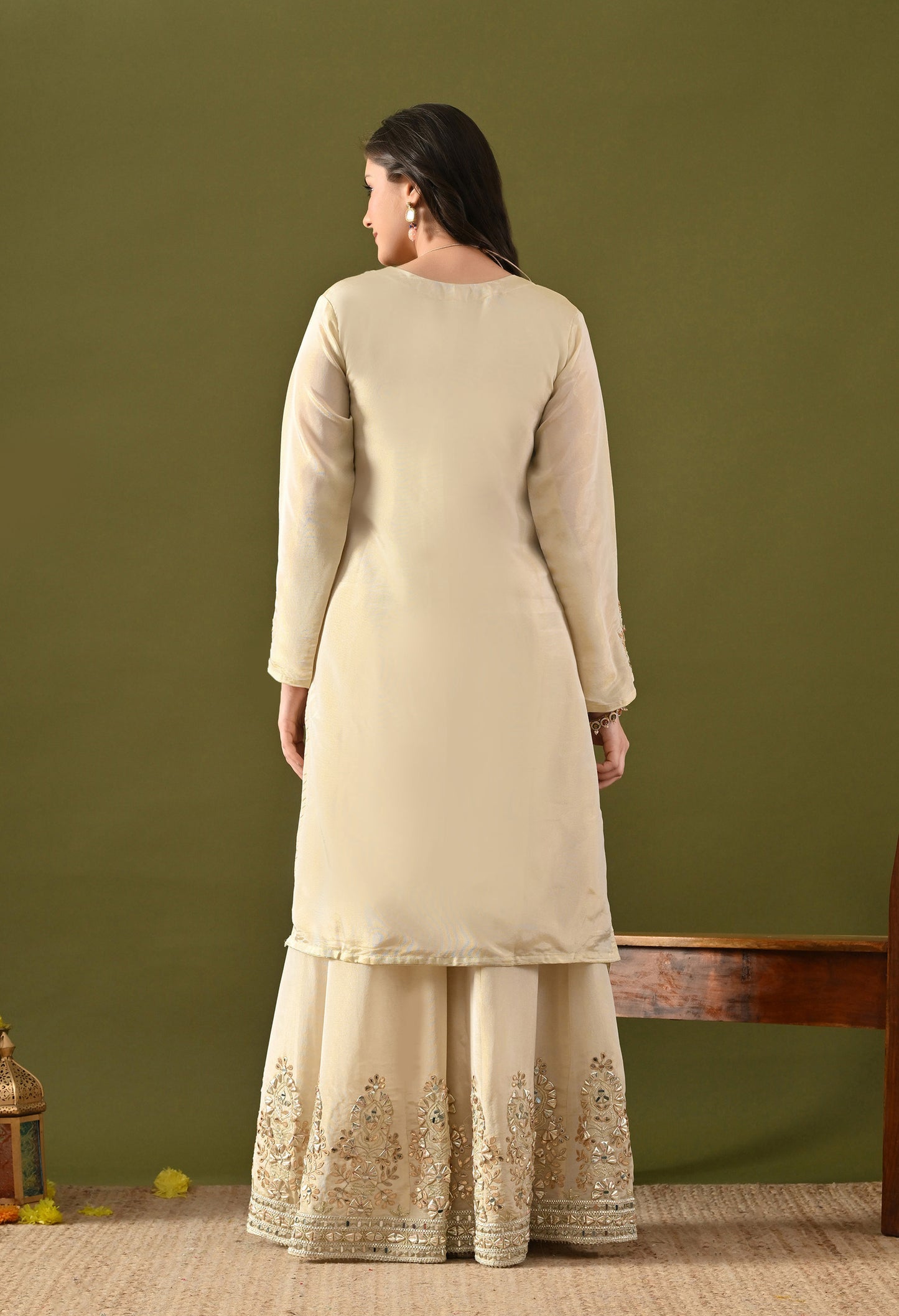 Golden Cream Tissue Silk Gotta–Mirror–Zardozi Sharara Set