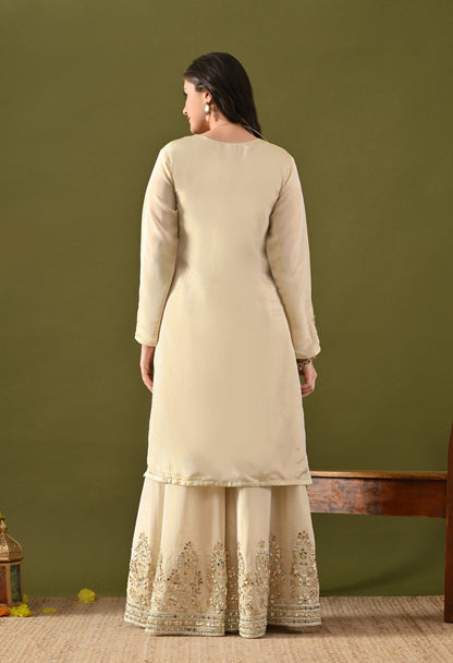 Golden Cream Tissue Silk Gotta–Mirror–Zardozi Sharara Set