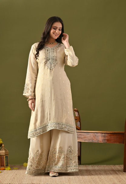 Golden Cream Tissue Silk Gotta–Mirror–Zardozi Sharara Set