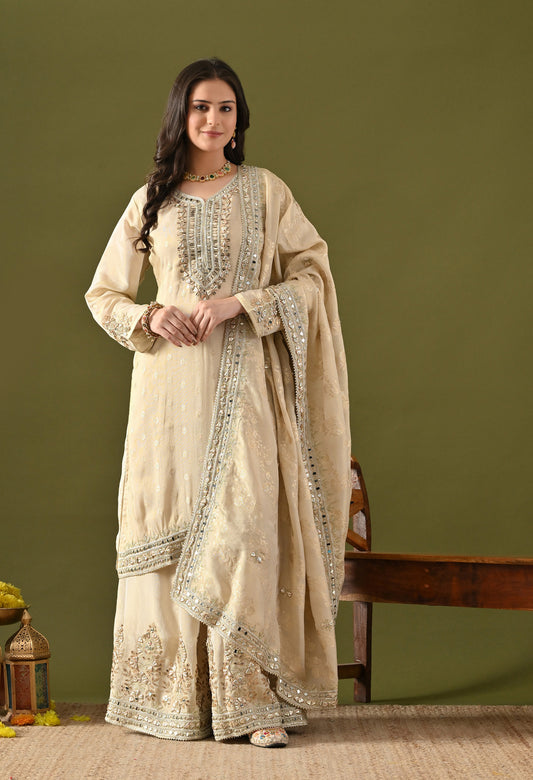 Golden Cream Tissue Silk Gotta–Mirror–Zardozi Sharara Set