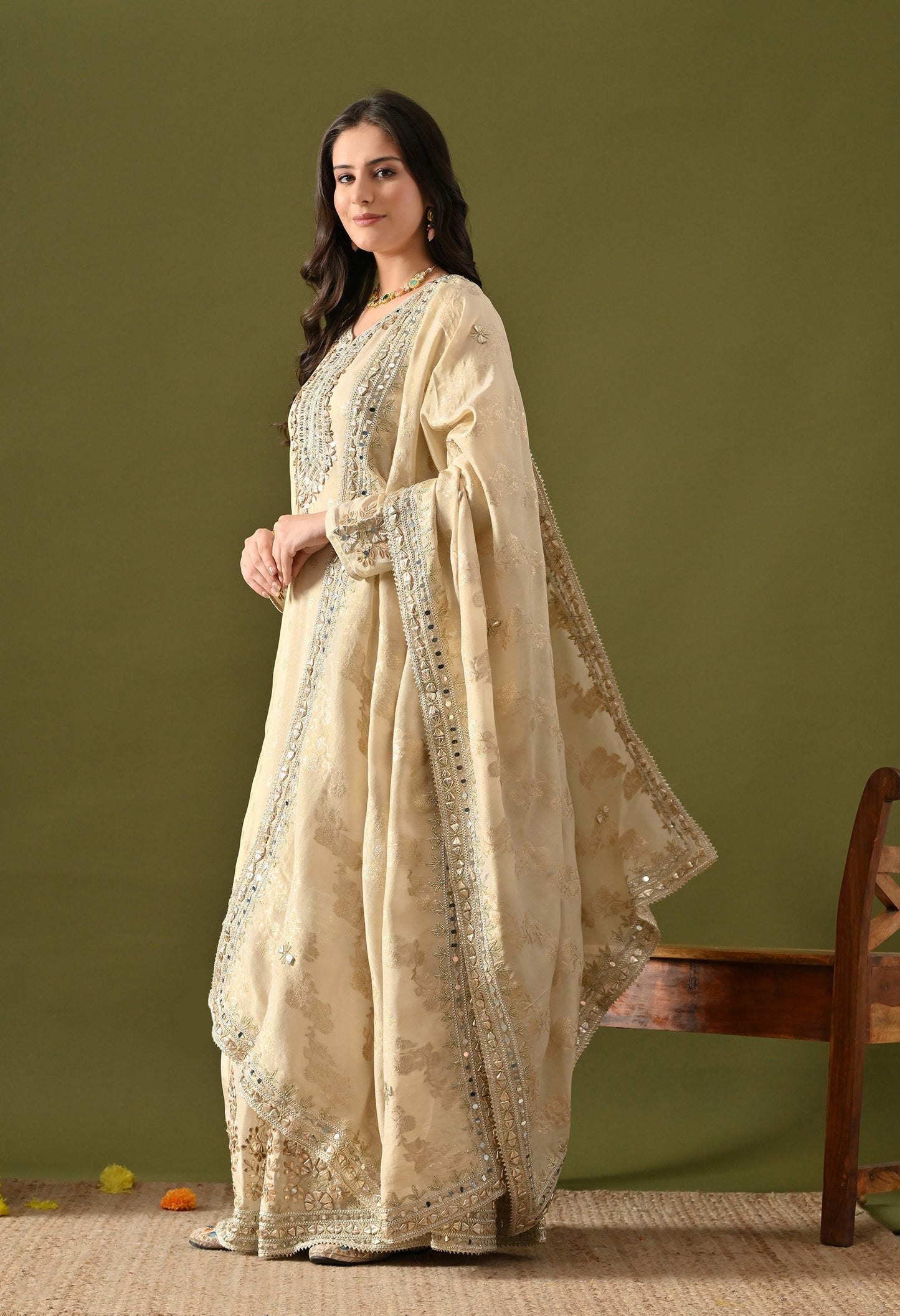 Golden Cream Tissue Silk Gotta–Mirror–Zardozi Sharara Set