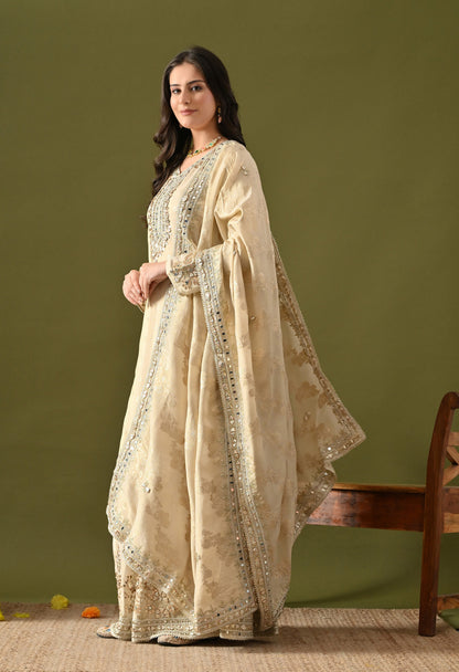 Golden Cream Tissue Silk Gotta–Mirror–Zardozi Sharara Set