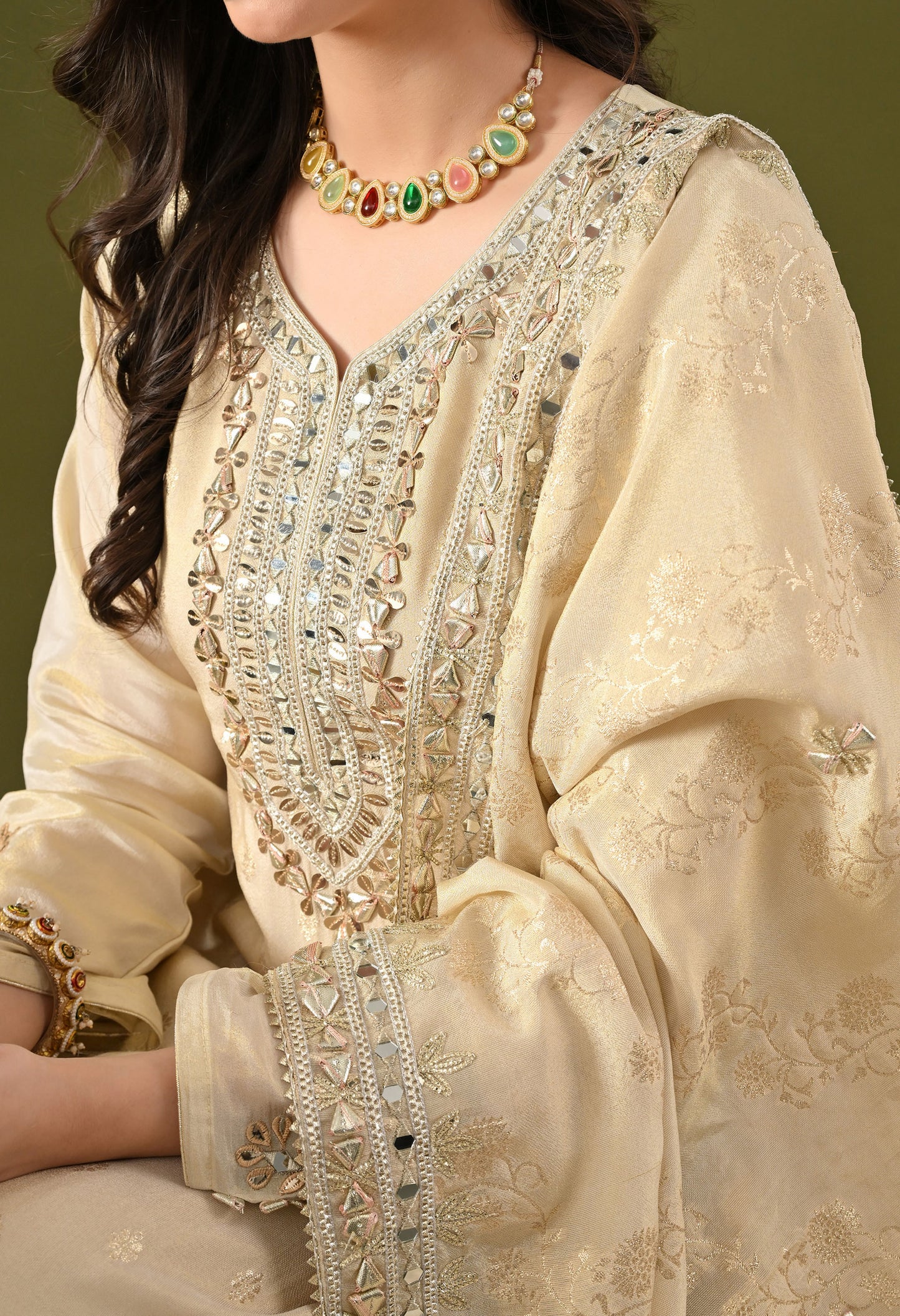 Golden Cream Tissue Silk Gotta–Mirror–Zardozi Sharara Set