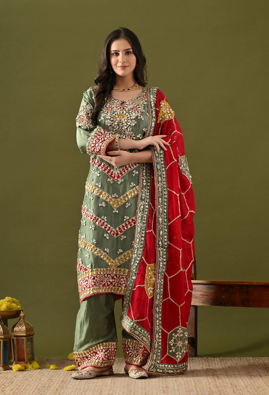 Green Tissue Silk & Organza Gotta–Applique Kurta Set