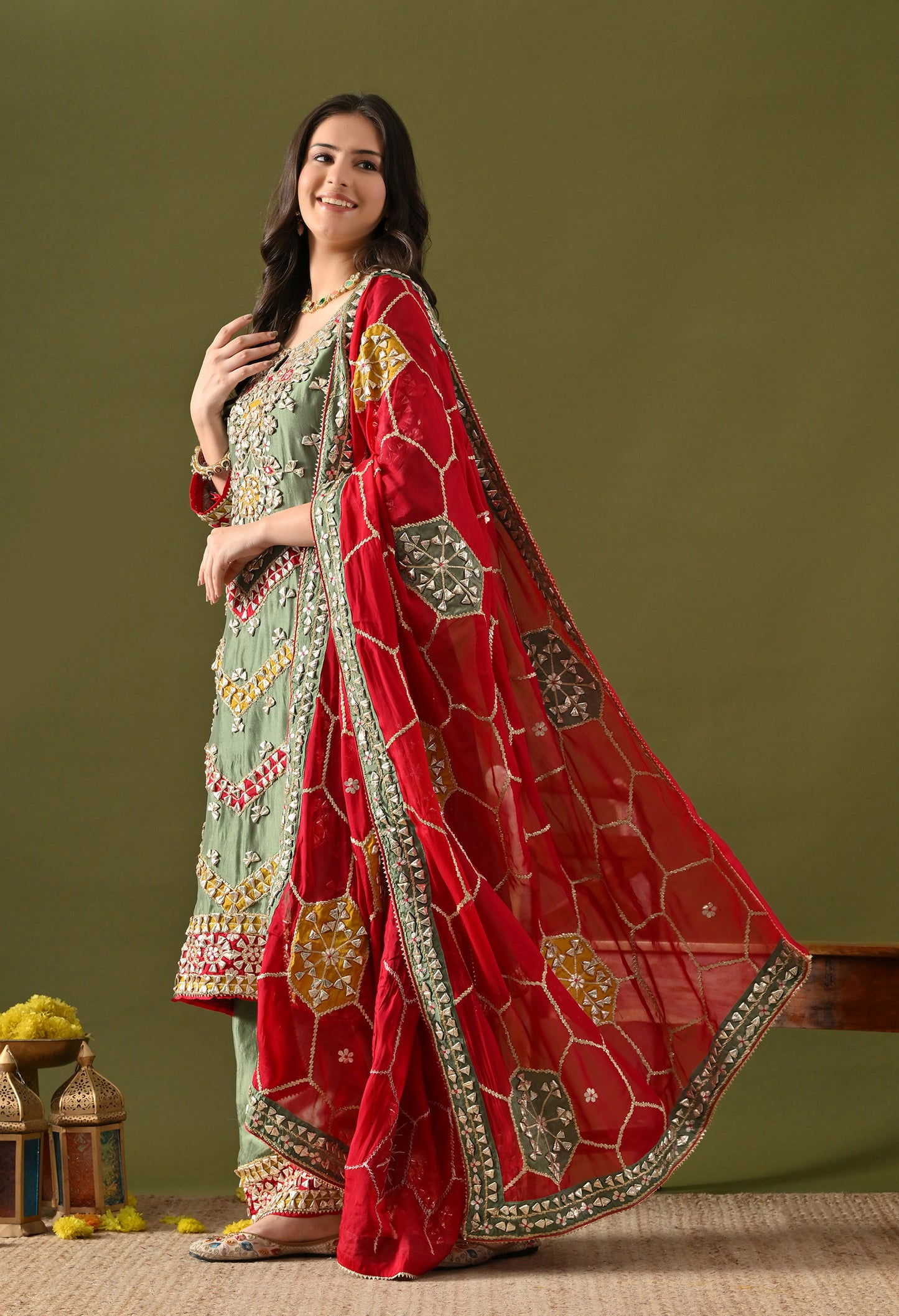 Green Tissue Silk & Organza Gotta–Applique Kurta Set