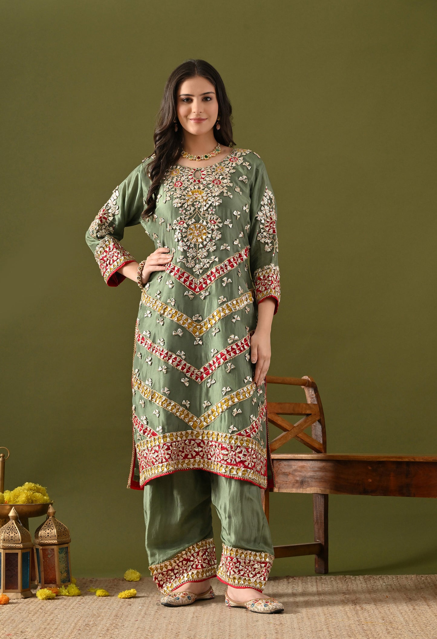 Green Tissue Silk & Organza Gotta–Applique Kurta Set