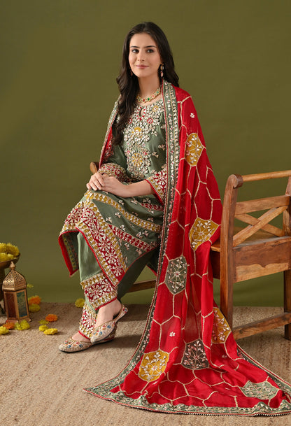 Green Tissue Silk & Organza Gotta–Applique Kurta Set