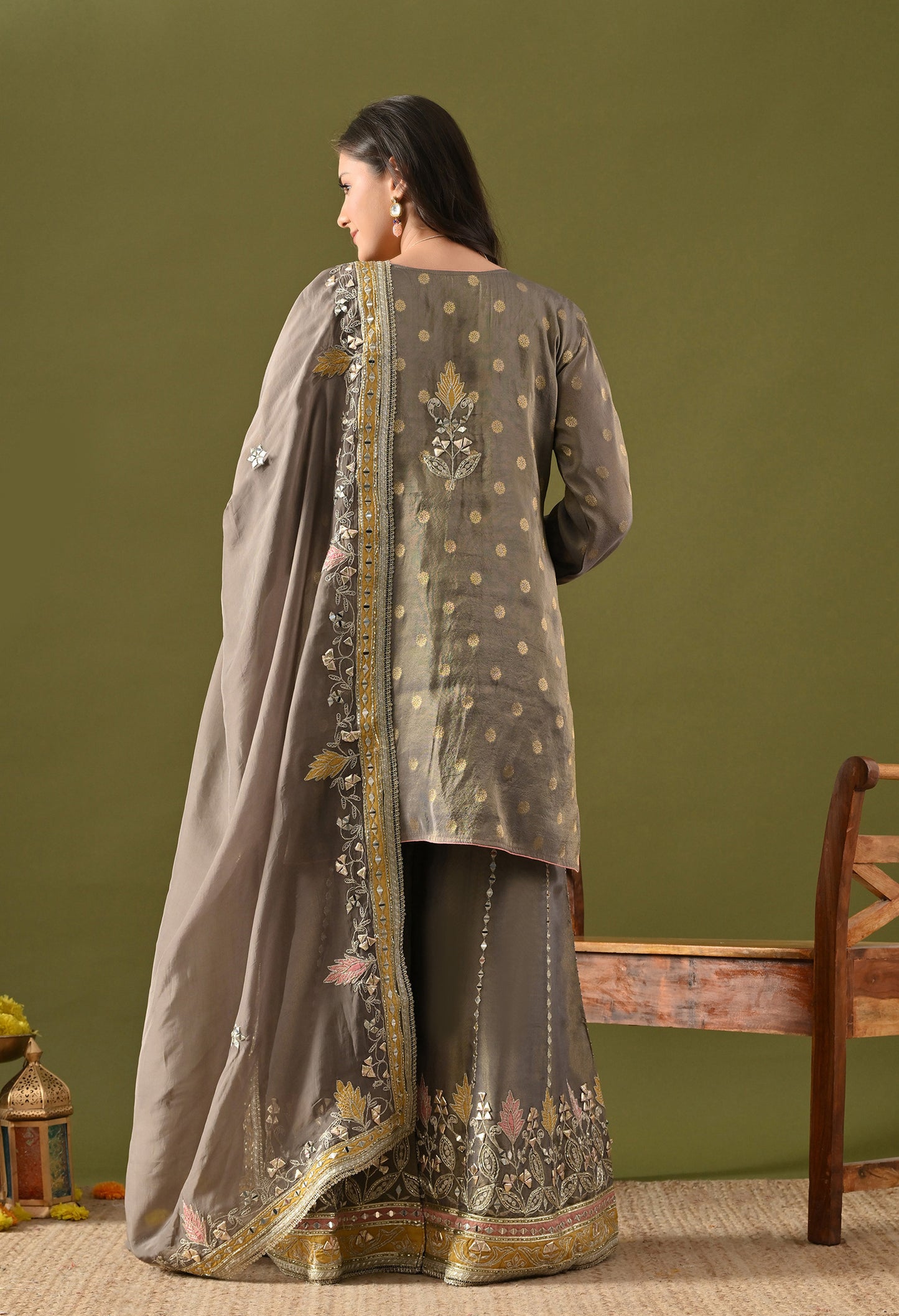 Greenish Grey Tissue Silk & Organza Gotta–Applique–Mirror–Zardozi Sharara Set