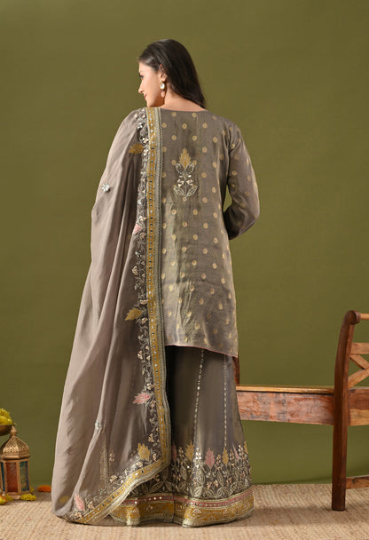 Greenish Grey Tissue Silk & Organza Gotta–Applique–Mirror–Zardozi Sharara Set