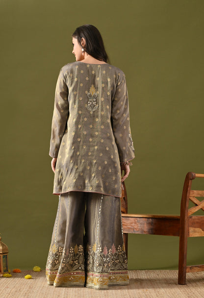 Greenish Grey Tissue Silk & Organza Gotta–Applique–Mirror–Zardozi Sharara Set