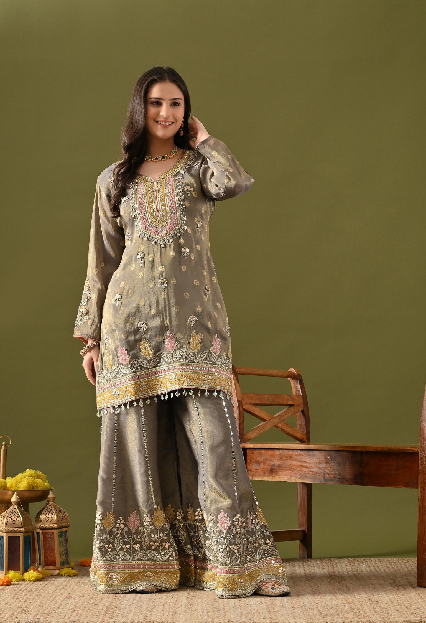Greenish Grey Tissue Silk & Organza Gotta–Applique–Mirror–Zardozi Sharara Set