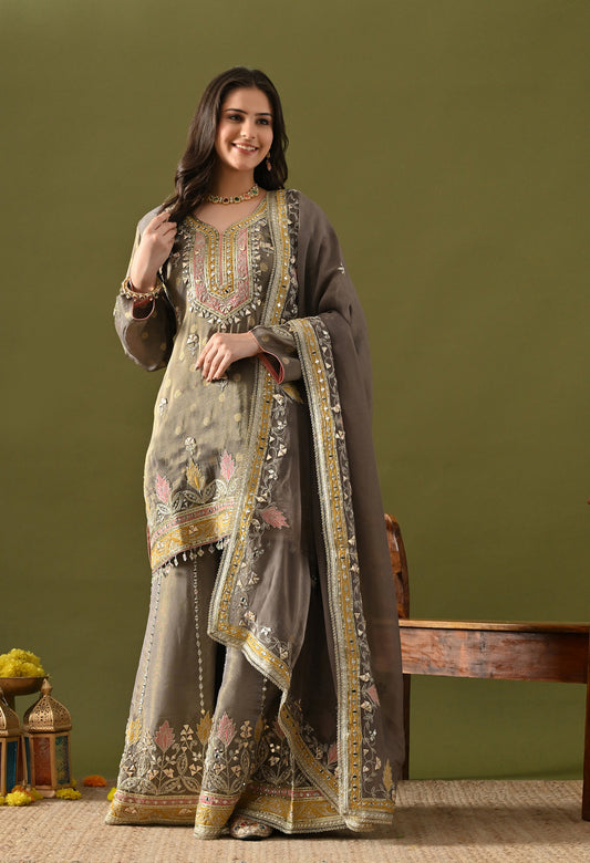 Greenish Grey Tissue Silk & Organza Gotta–Applique–Mirror–Zardozi Sharara Set