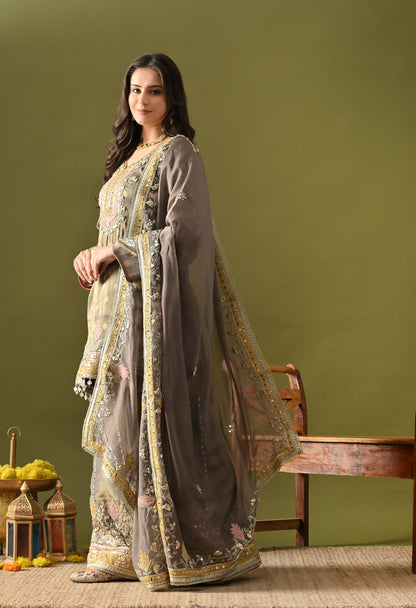 Greenish Grey Tissue Silk & Organza Gotta–Applique–Mirror–Zardozi Sharara Set