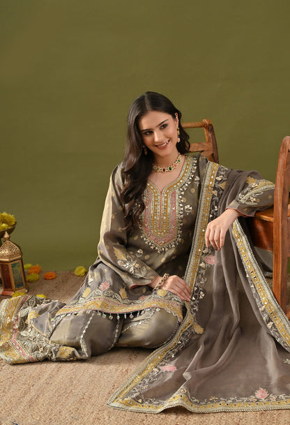 Greenish Grey Tissue Silk & Organza Gotta–Applique–Mirror–Zardozi Sharara Set