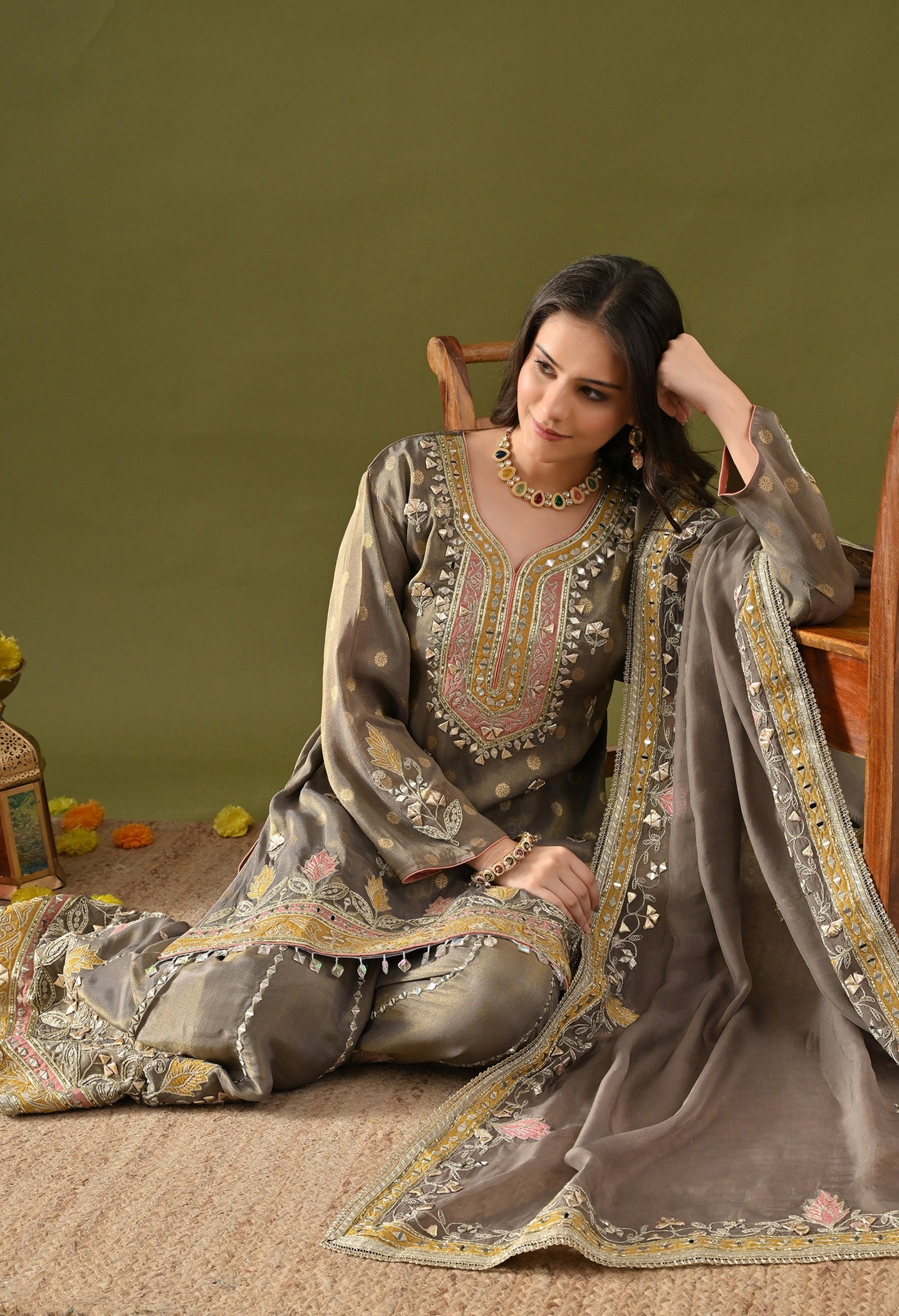 Greenish Grey Tissue Silk & Organza Gotta–Applique–Mirror–Zardozi Sharara Set