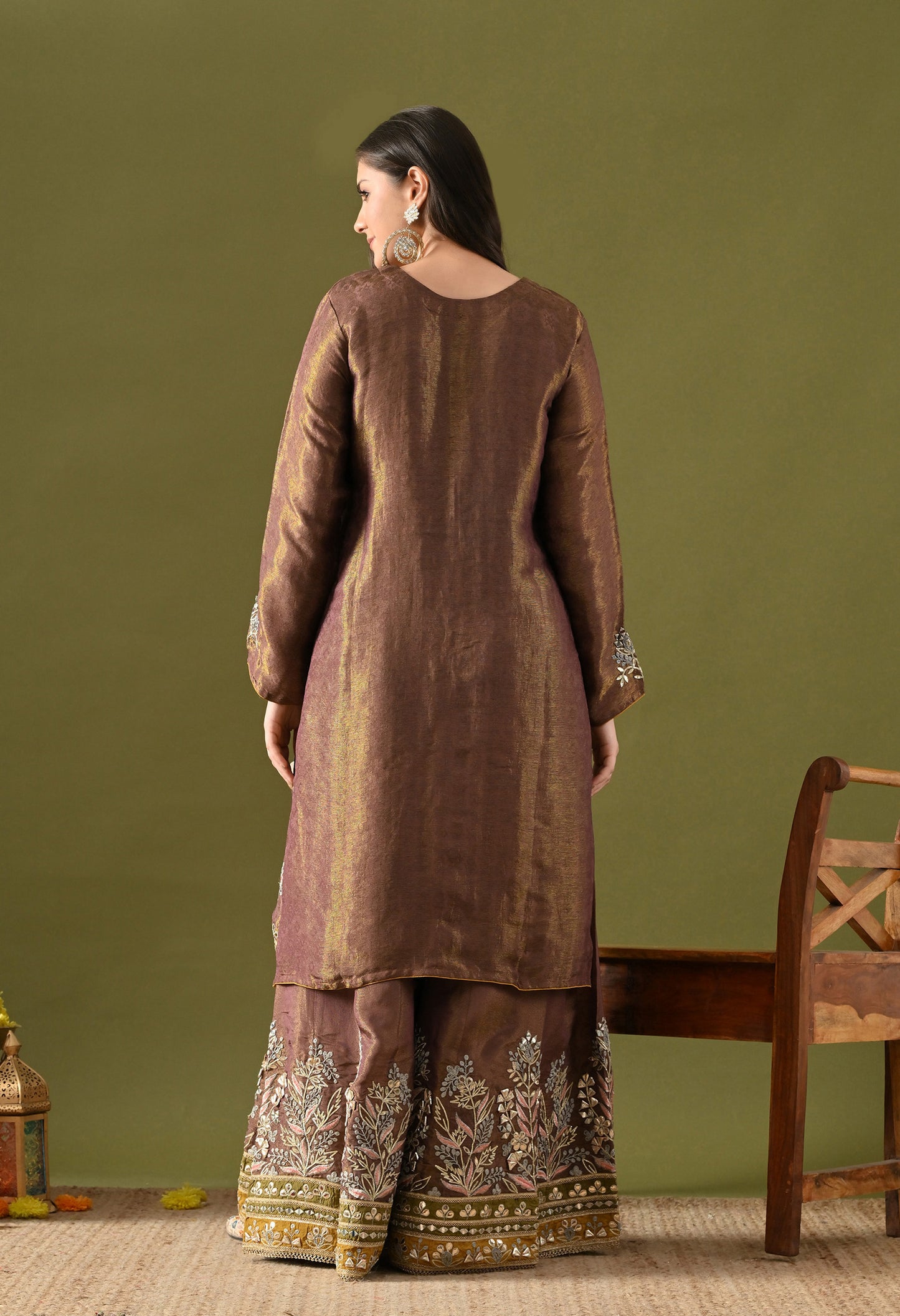 Purplish Brown Tissue Silk & Organza Gotta–Mirror–Zardozi–Applique Sharara Set