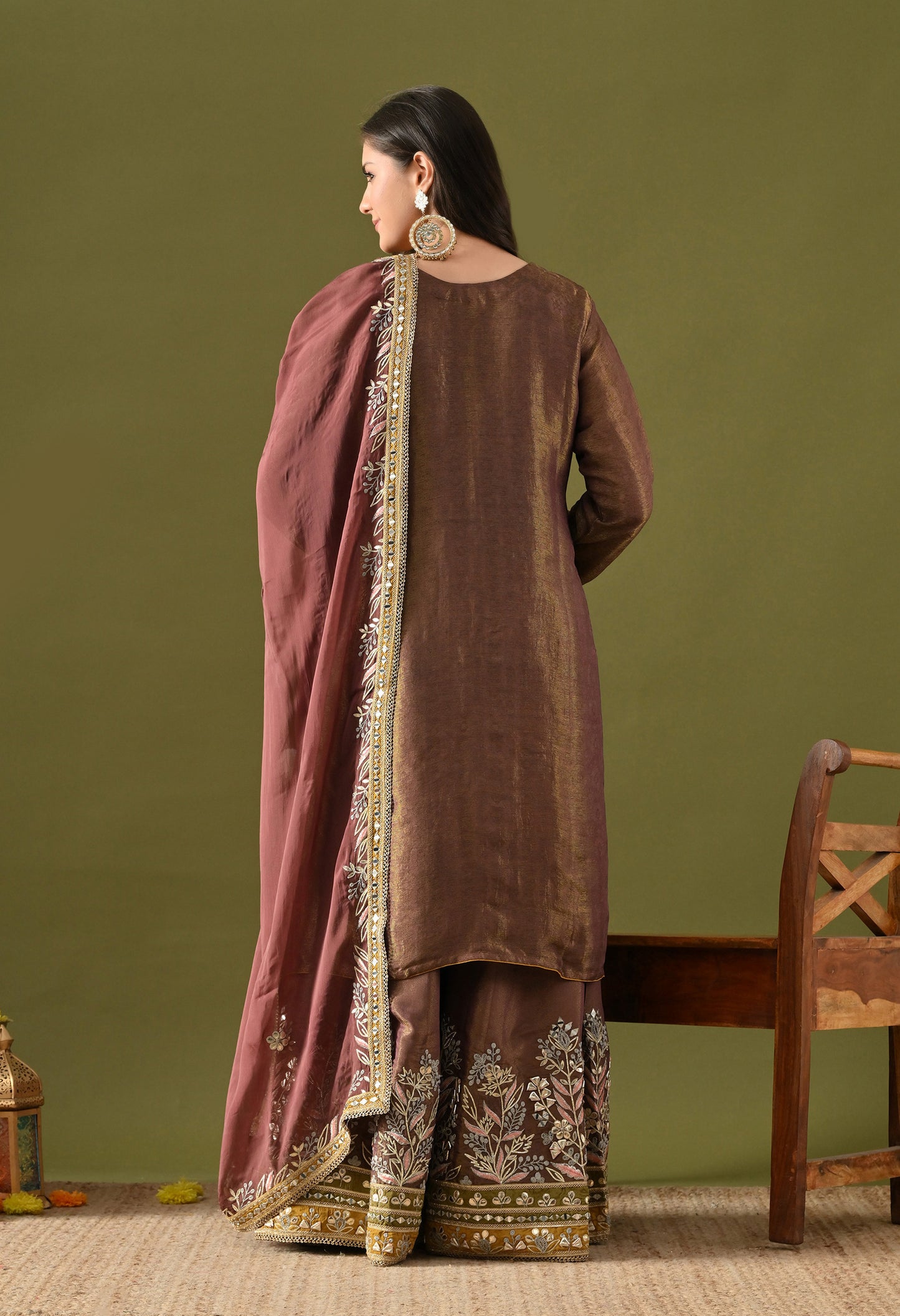Purplish Brown Tissue Silk & Organza Gotta–Mirror–Zardozi–Applique Sharara Set