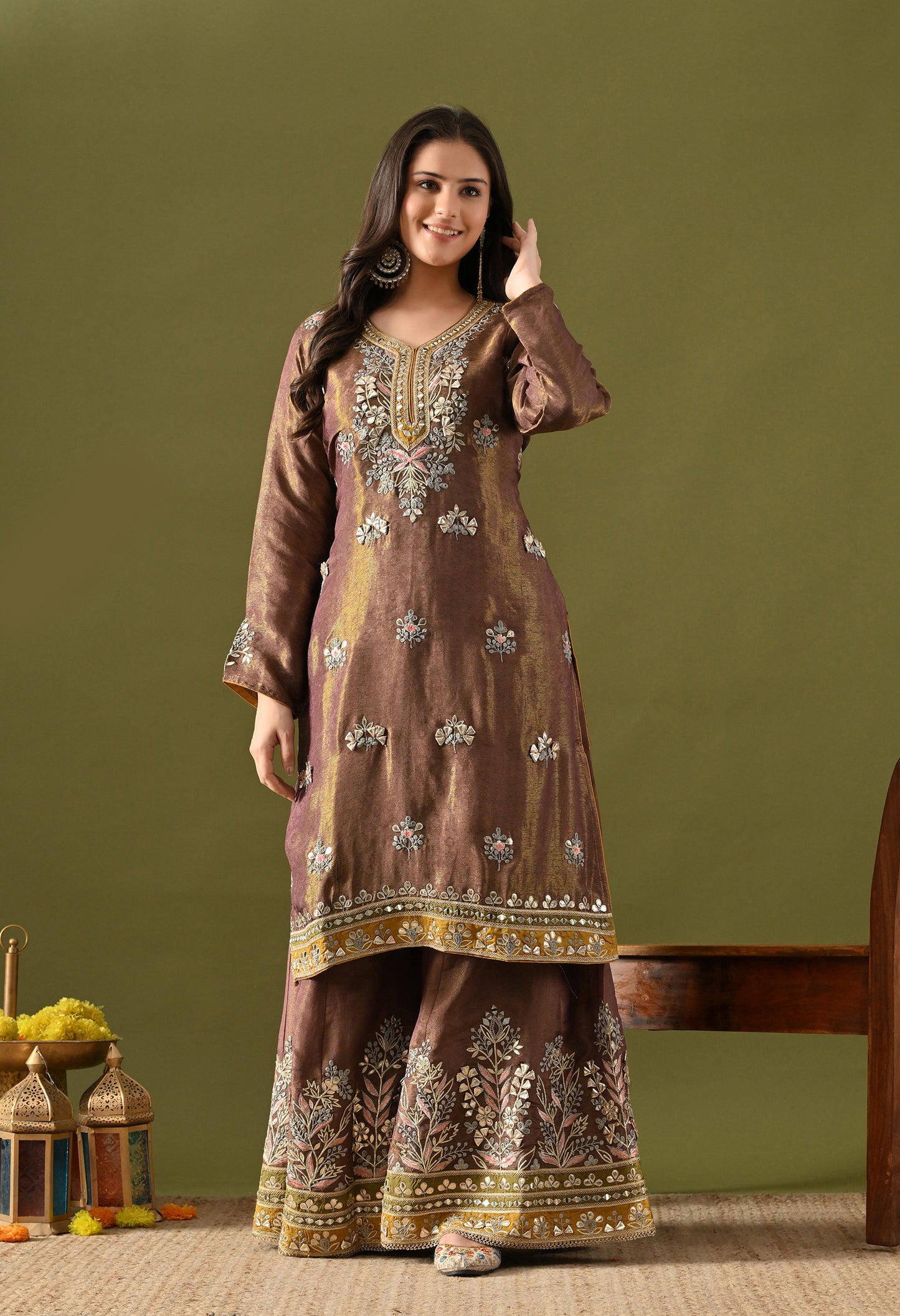 Purplish Brown Tissue Silk & Organza Gotta–Mirror–Zardozi–Applique Sharara Set