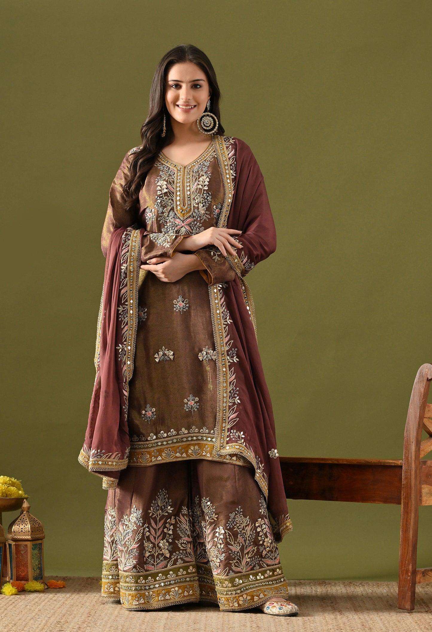 Purplish Brown Tissue Silk & Organza Gotta–Mirror–Zardozi–Applique Sharara Set