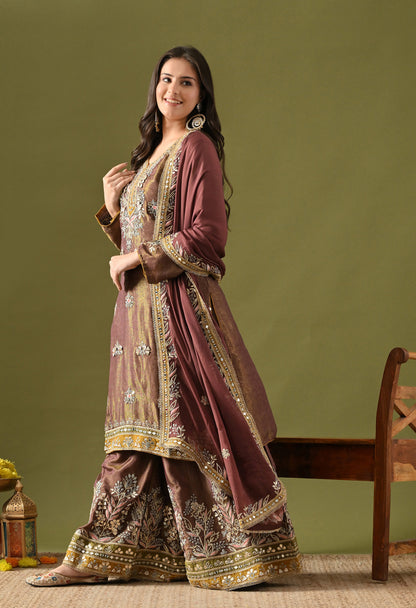 Purplish Brown Tissue Silk & Organza Gotta–Mirror–Zardozi–Applique Sharara Set
